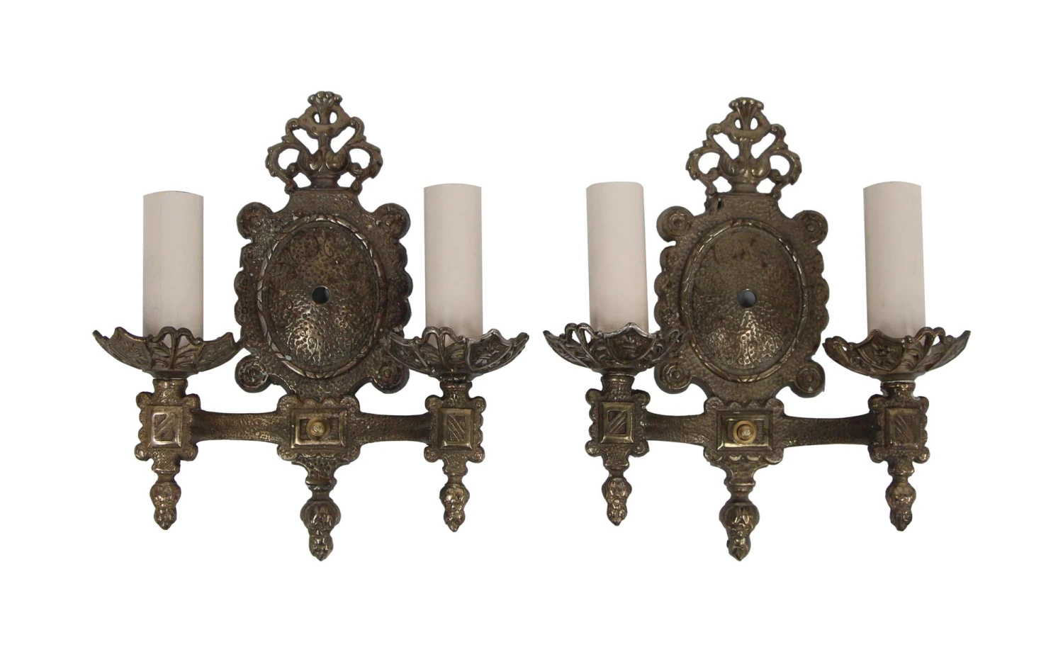 Pair Of Tudor Style Double Arm Bronze Wall Sconces 3 Pair Of Tudor Style Double Arm Bronze Wall Sconces