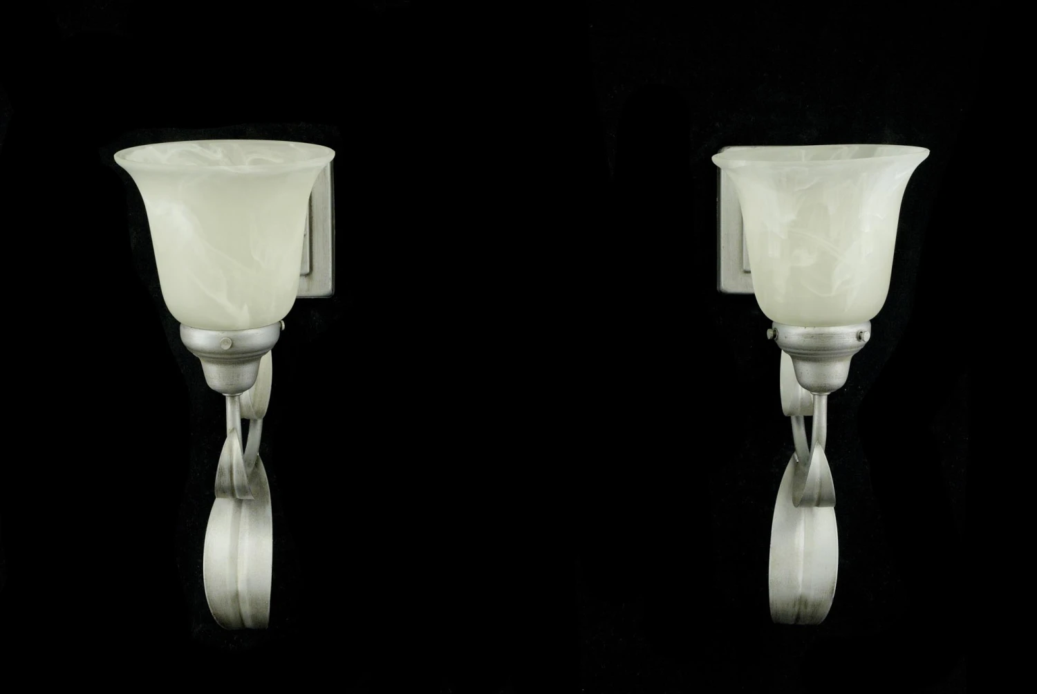 Pair Of Vintage One Arm White Alabaster Shade Silver Steel Wall Sconces 3 Pair Of Vintage One Arm White Alabaster Shade Silver Steel Wall Sconces