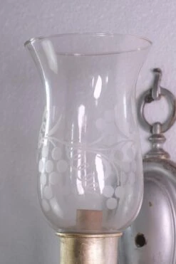 Early 1900’s Silver Over Brass Sconces With Crystals And Etched Globe -OGT Sale Store sconces wall lighting q276909