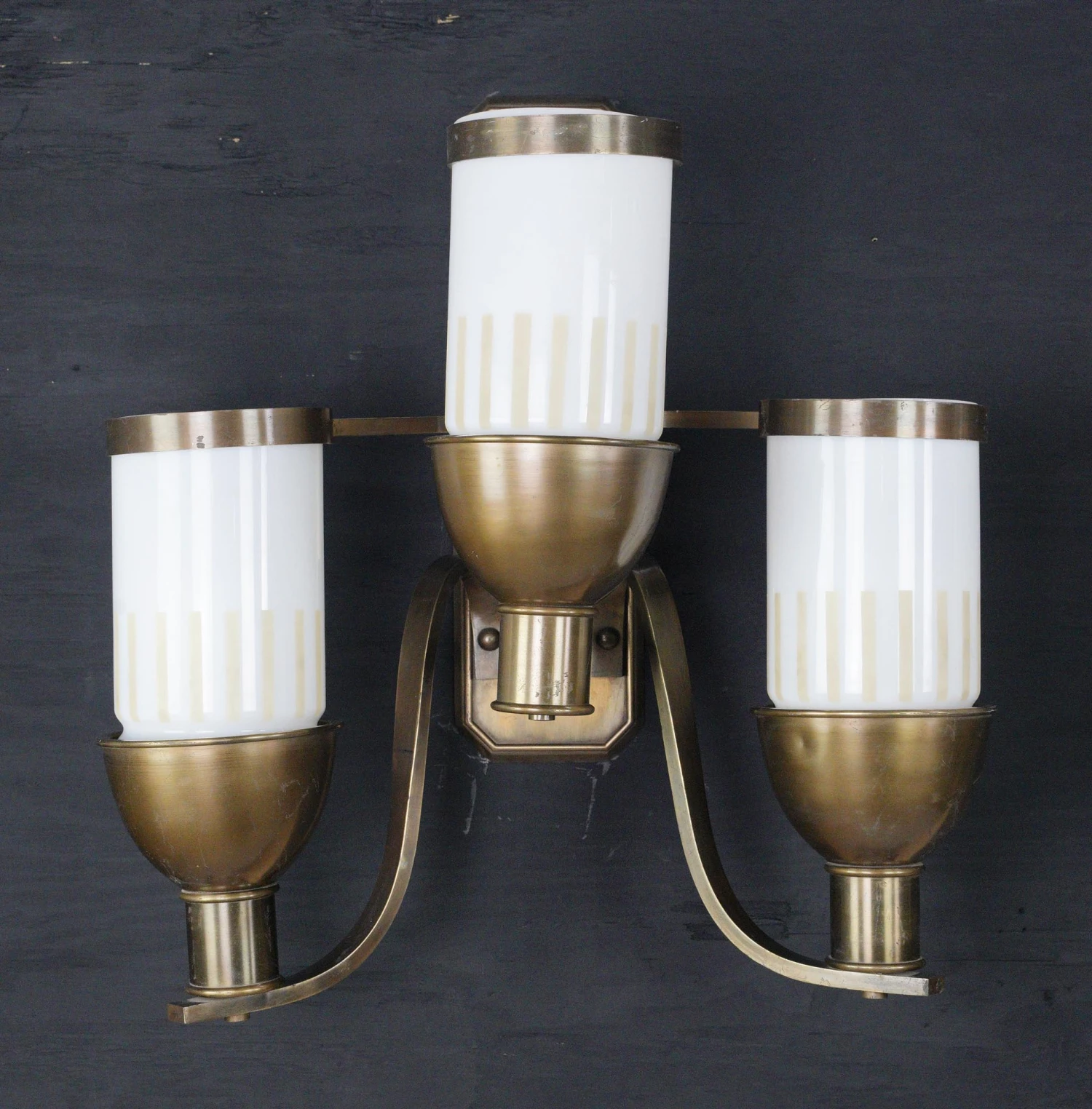 Pair Of Art Deco White Glass Shade 3 Arm Bronze Wall Sconces 4 Pair Of Art Deco White Glass Shade 3 Arm Bronze Wall Sconces - Image 2