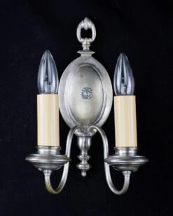 Restored Pair Of Colonial Nickeled Brass 2 Arm Wall Sconces 15 Restored Pair Of Colonial Nickeled Brass 2 Arm Wall Sconces -OGT Sale Store sconces wall lighting q283293