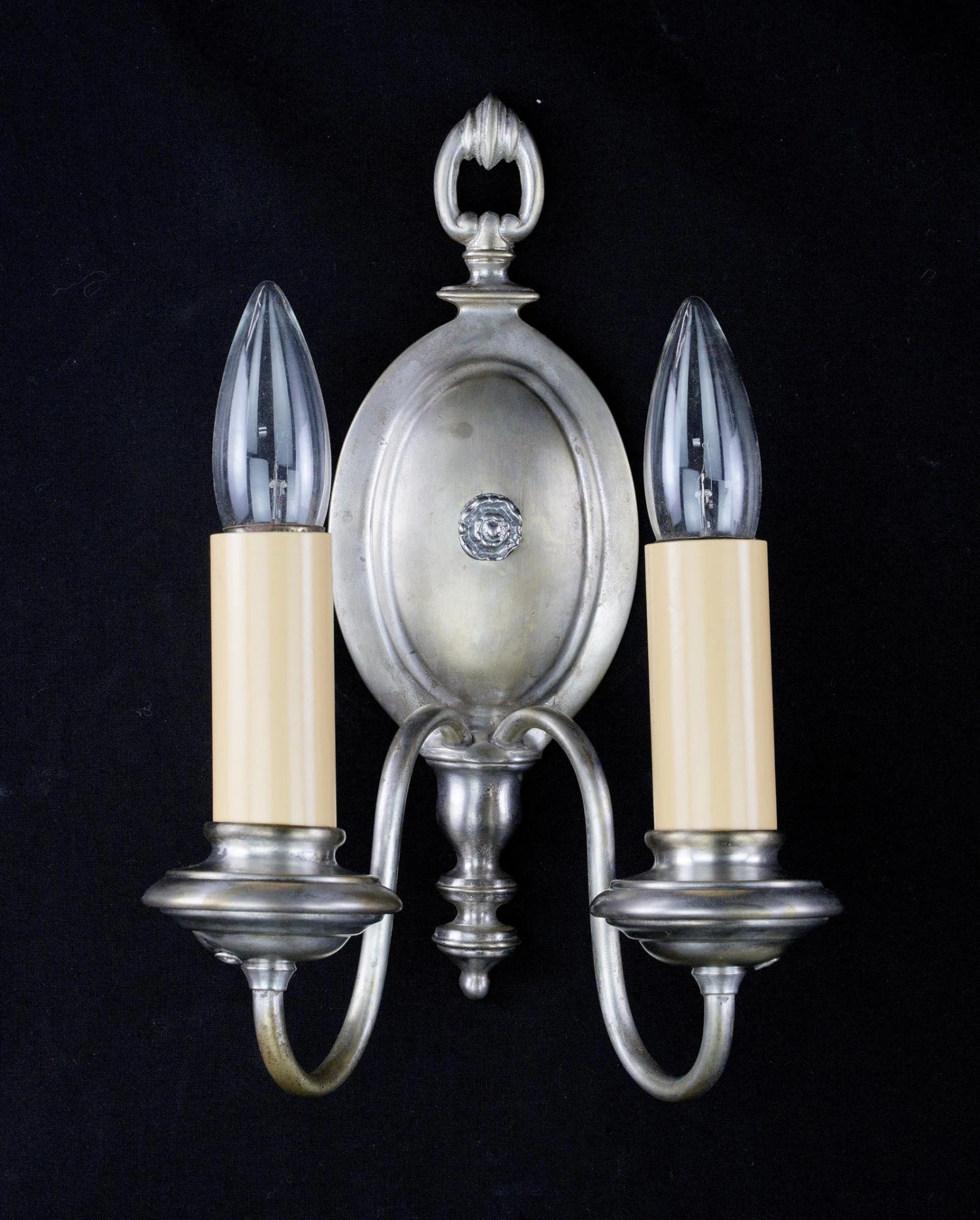 Restored Pair Of Colonial Nickeled Brass 2 Arm Wall Sconces 4 Restored Pair Of Colonial Nickeled Brass 2 Arm Wall Sconces - Image 2