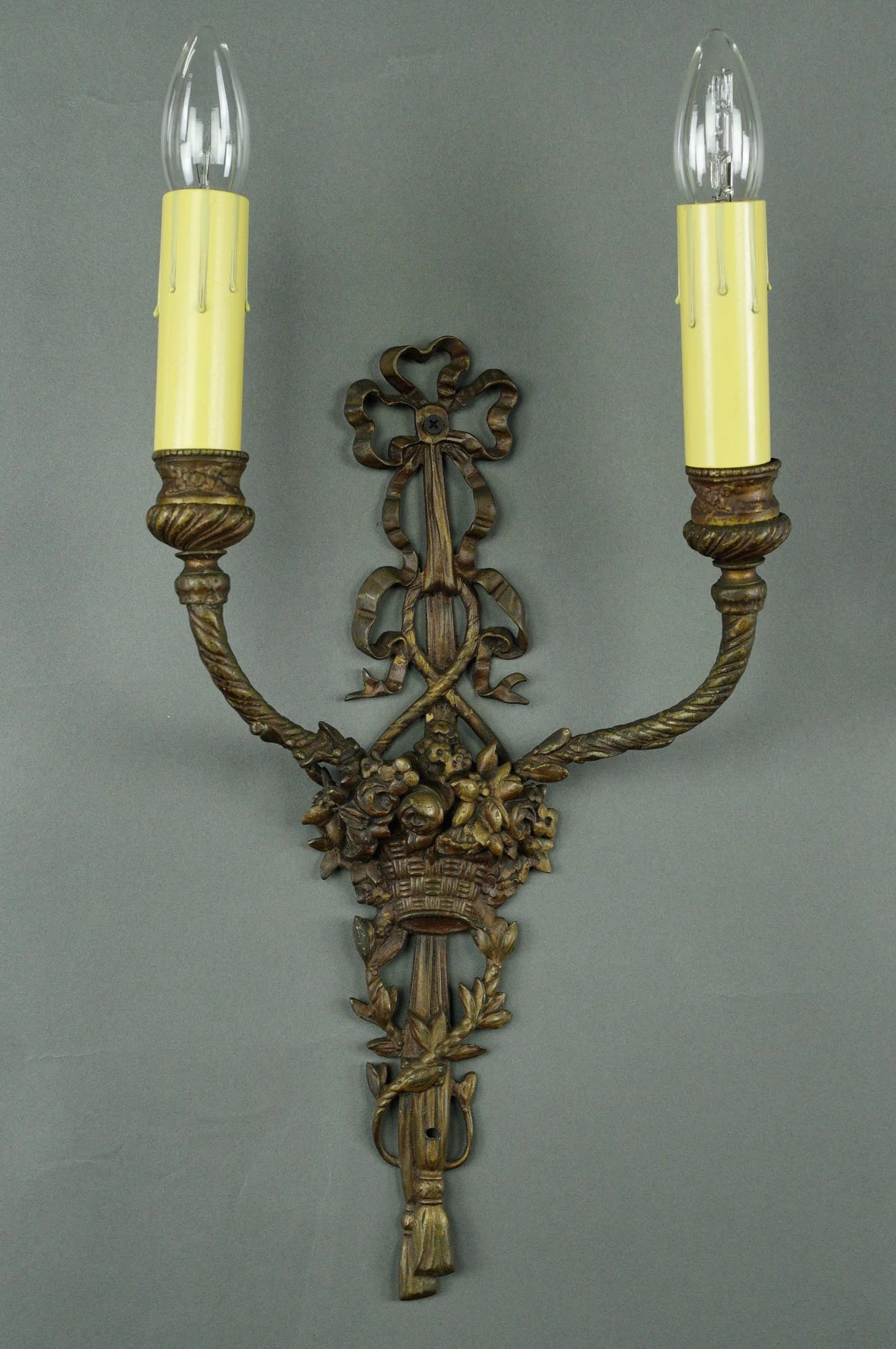 Pair Of French Ribbon & Floral Basket 2 Arm Brass Wall Sconces 4 Pair Of French Ribbon & Floral Basket 2 Arm Brass Wall Sconces - Image 2