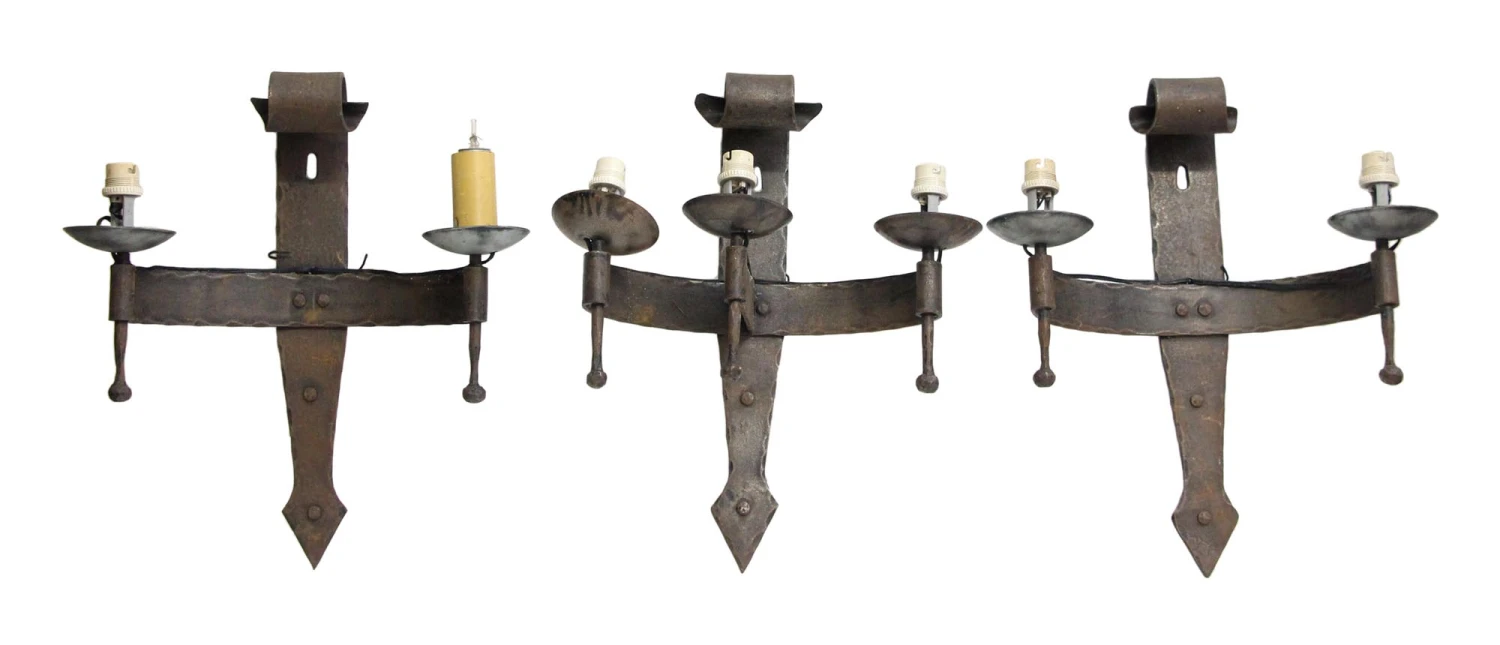 Set Of Three Arts & Crafts Iron Wall Sconces 3 Set Of Three Arts & Crafts Iron Wall Sconces