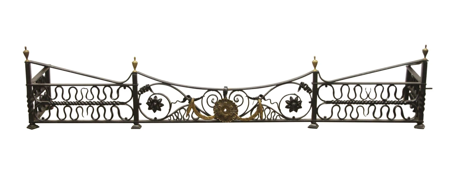 Antique Wrought Iron Fireplace Fender With Brass Details 3 Antique Wrought Iron Fireplace Fender With Brass Details