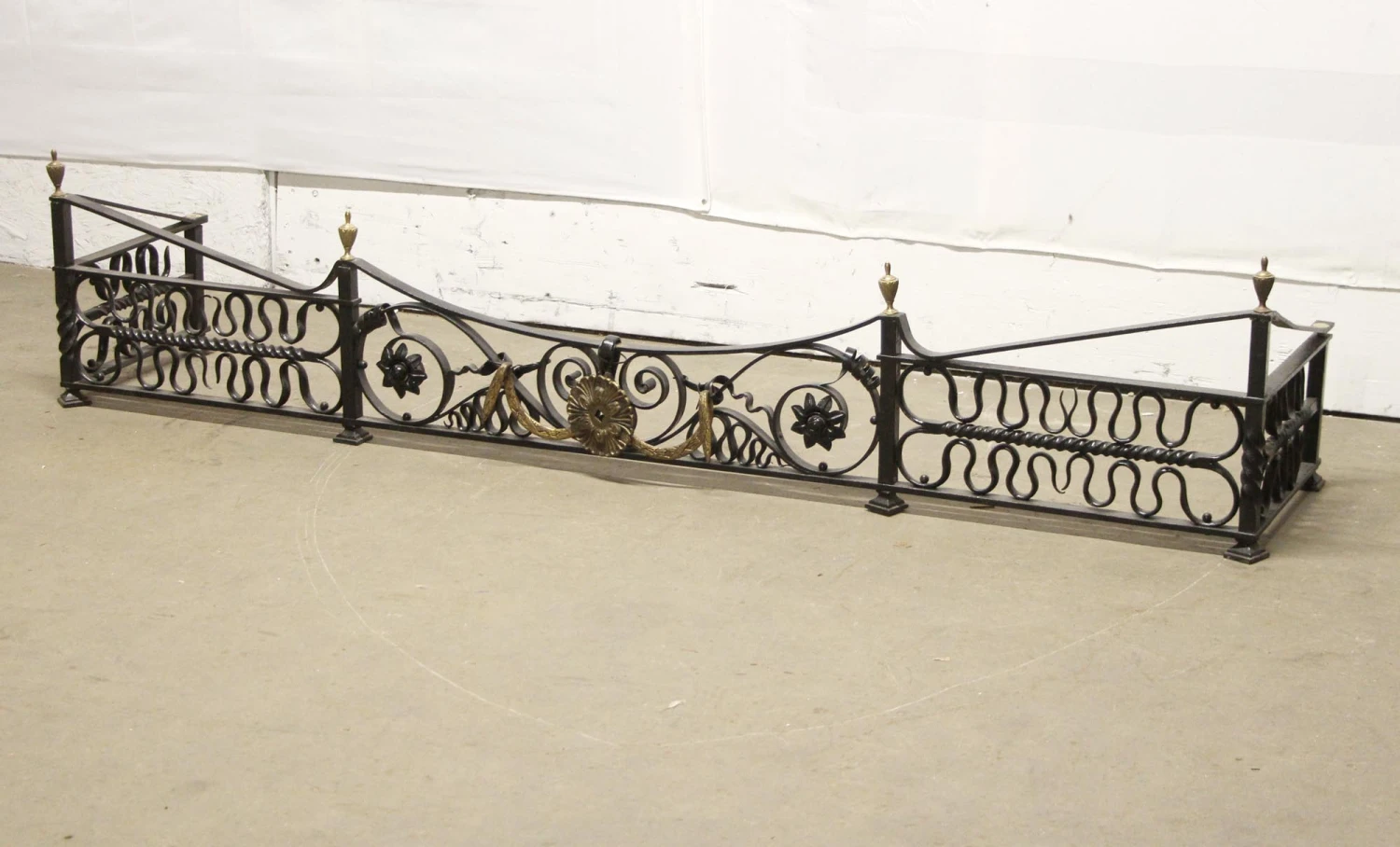 Antique Wrought Iron Fireplace Fender With Brass Details 5 Antique Wrought Iron Fireplace Fender With Brass Details - Image 3