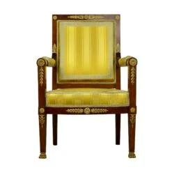 Antique French Empire Figural Gilt Brass Mahogany Armchair