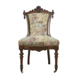 Antique Victorian Mahogany Floral Print Chair With Front Casters