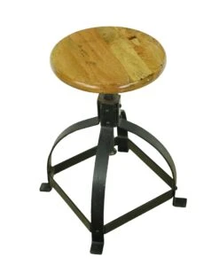 Industrial Adjustable Black Steel Teak Seat Counter Stool