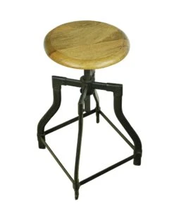 Industrial Teak Wood & Steel Adjustable Height Bar Stool
