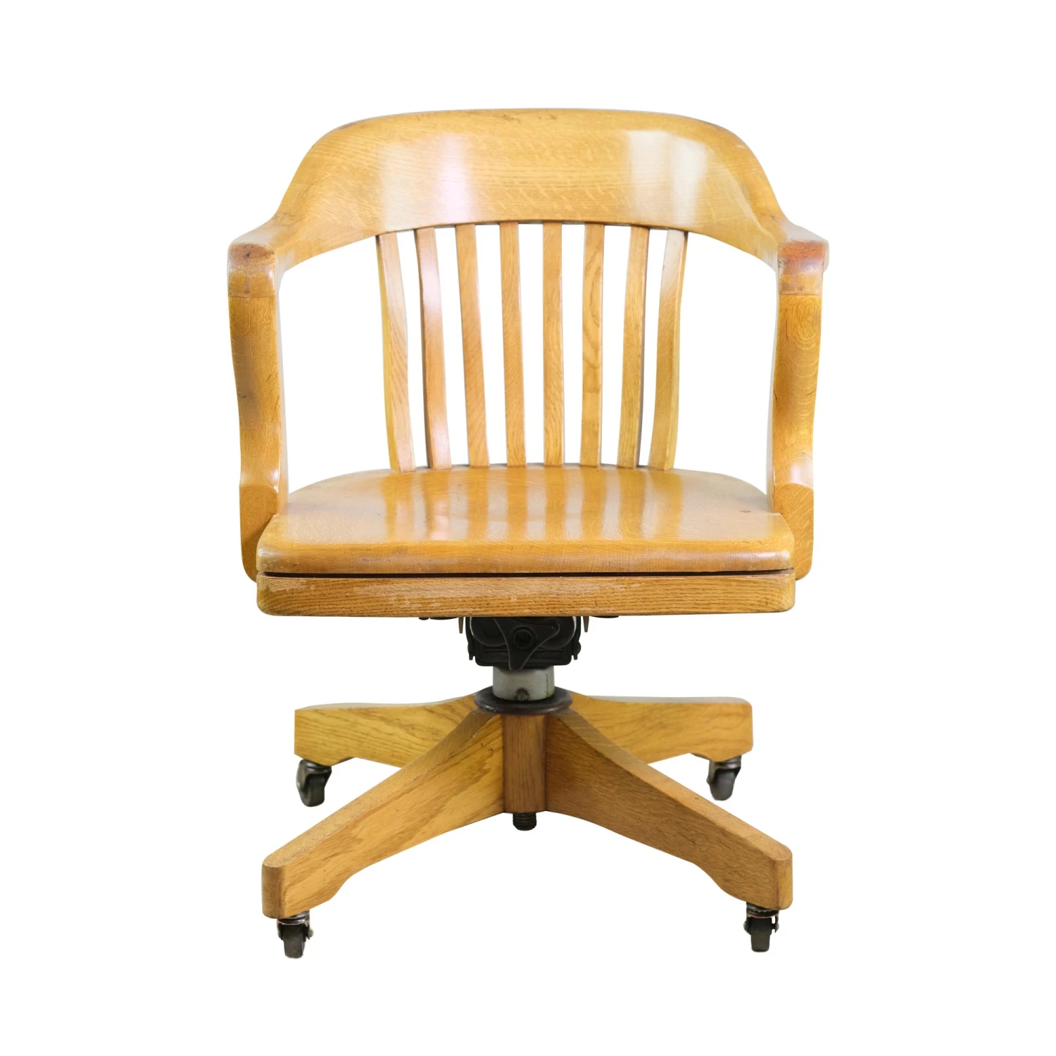 Light Tone Solid Oak Rolling Banker’s Chair With Swivel Seat 3 Light Tone Solid Oak Rolling Banker’s Chair With Swivel Seat