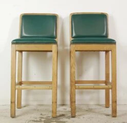 Pair Of Belmont Wood Bar Stools With Green Vinyl Upholstery