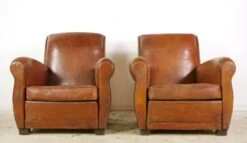 Pair Of European French Brown Leather Club Chairs