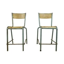 Pair Of European French Wood & Steel Frame Laboratory School Chairs