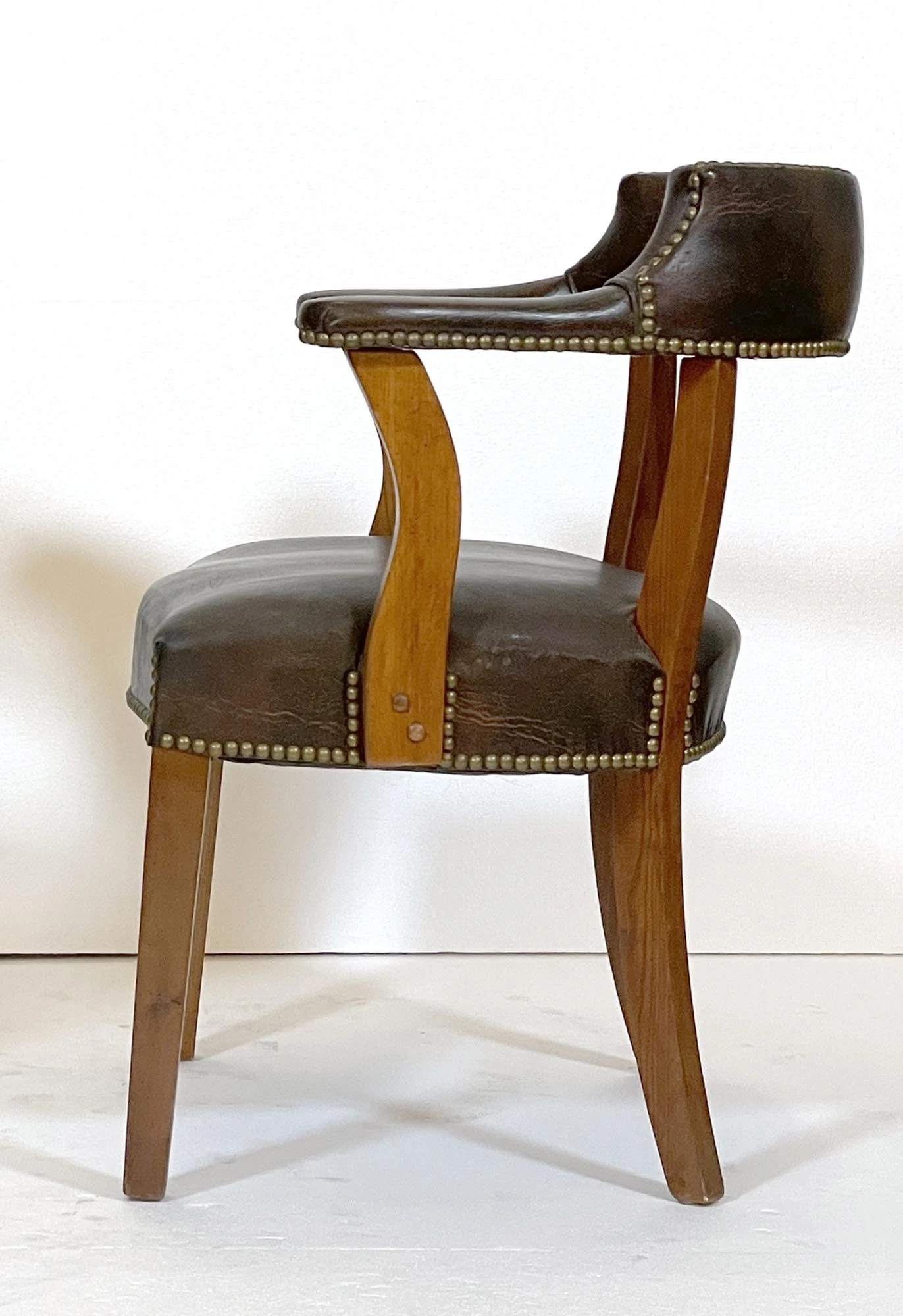 Vintage Brown Vinyl Faux Leather Brass Studs Office Armchair 4 Vintage Brown Vinyl Faux Leather Brass Studs Office Armchair - Image 2