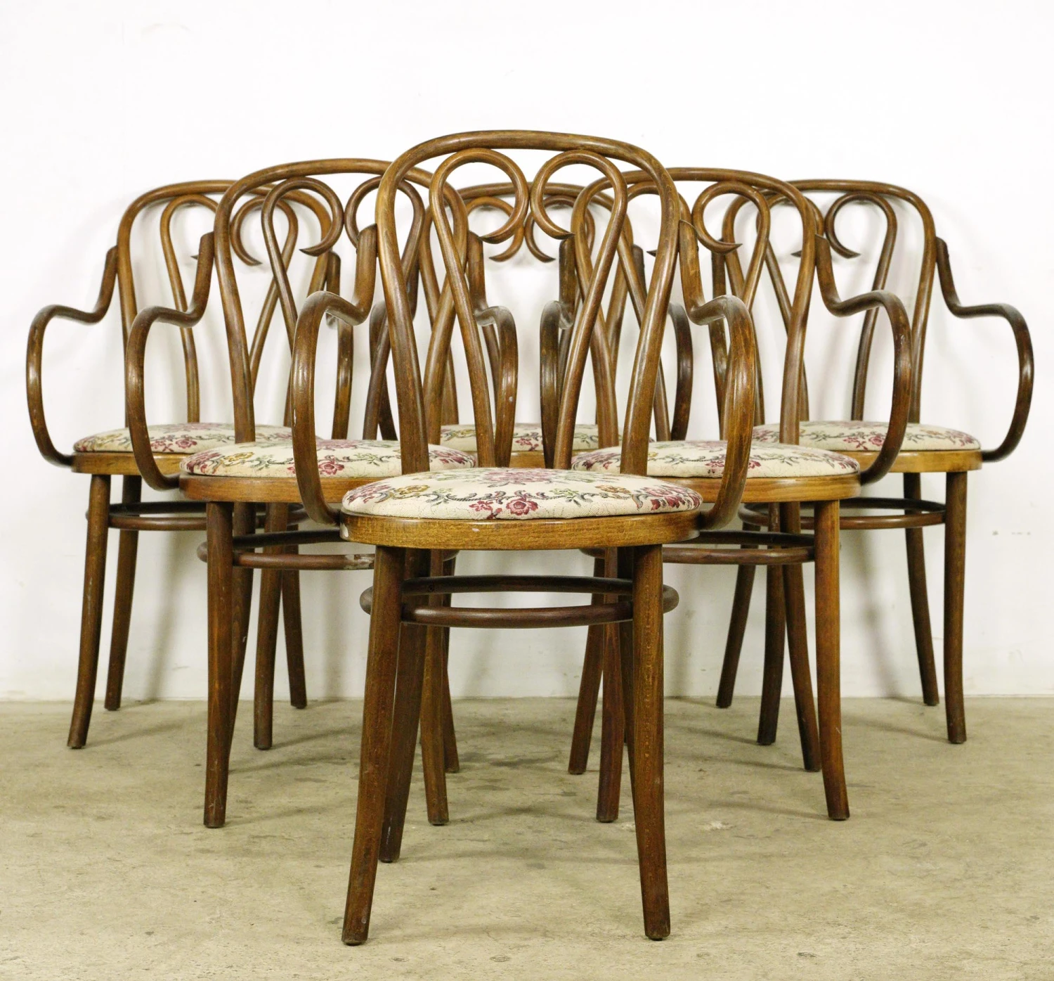 Set Of 6 Vintage Bentwood Floral Upholstery Arm Chairs 4 Set Of 6 Vintage Bentwood Floral Upholstery Arm Chairs - Image 2