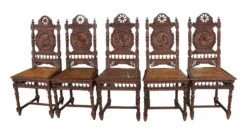 Set Of 6 Antique English Renaissance Carved Wooden Chairs