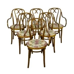 Set Of 6 Vintage Bentwood Floral Upholstery Arm Chairs