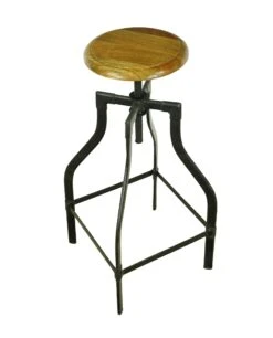 Vintage Adjustable Steel & Teak Wood Bar Stool