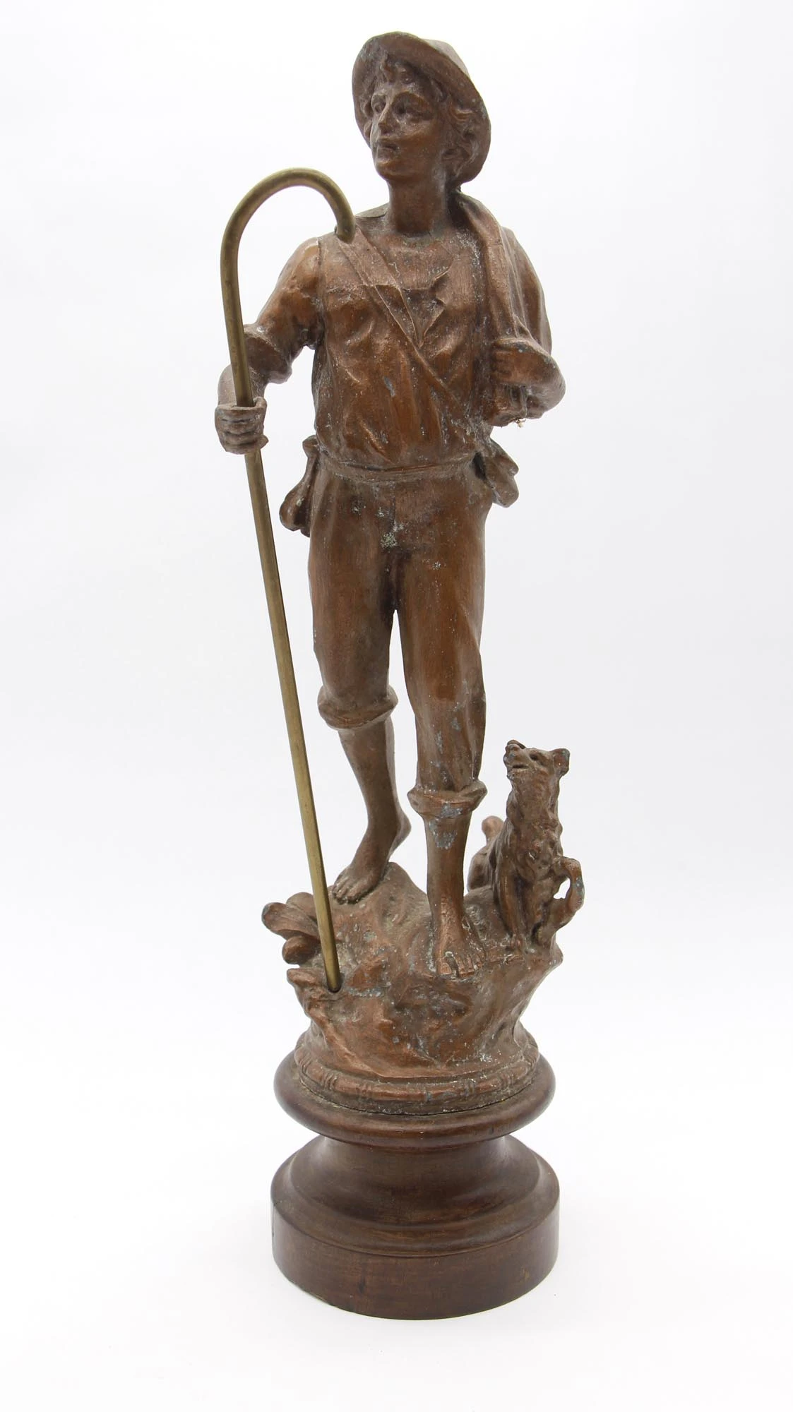 Handmade Copper Washed Man & Dog Statue With Wooden Base 4 Handmade Copper Washed Man & Dog Statue With Wooden Base - Image 2