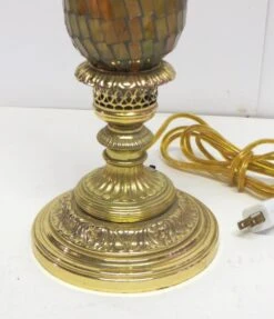 Pair Of Hurricane Lamps With Opalescent Colored Glass Shades 9 Pair Of Hurricane Lamps With Opalescent Colored Glass Shades -OGT Sale Store table lamps for sale p263126