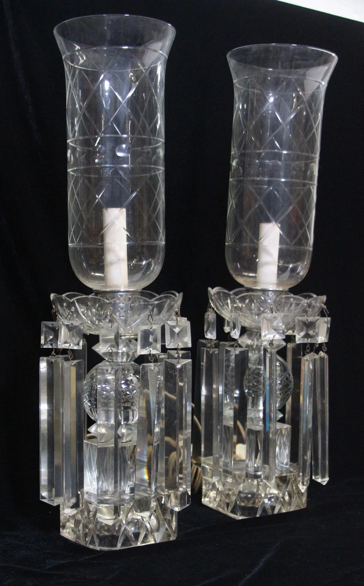 Pair Of Victorian Clear Crystal Hurricane Shade Table Lamps 5 Pair Of Victorian Clear Crystal Hurricane Shade Table Lamps - Image 3