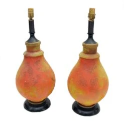 Pair Of 1970s Mid Century Orange Glass Table Lamps