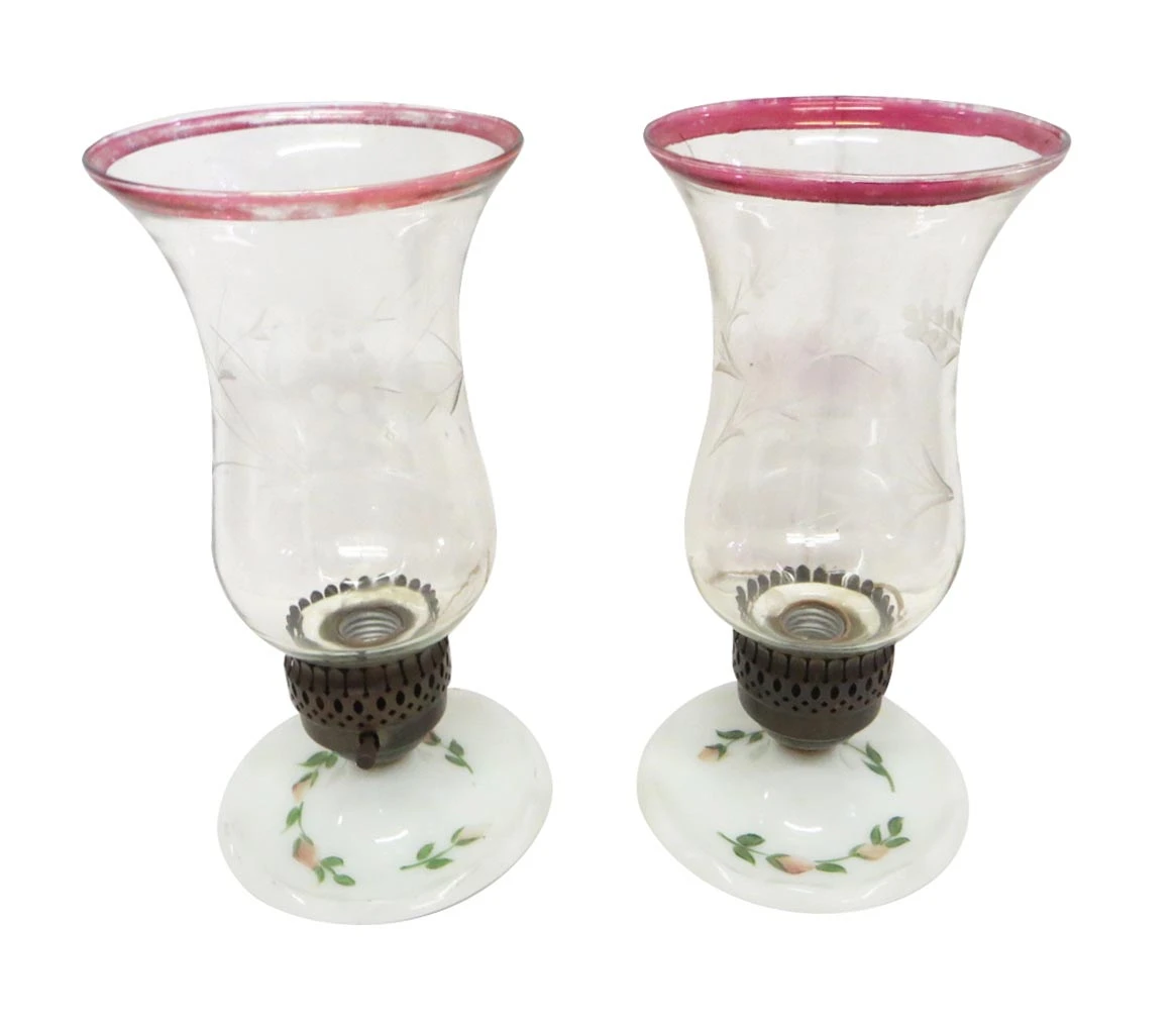 Pair Of Etched Hurricane Glass Table Lamps 3 Pair Of Etched Hurricane Glass Table Lamps