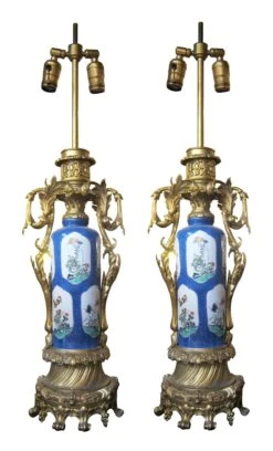 Pair Of French 19th Century Porcelain Urn 2 Bulb Lamps