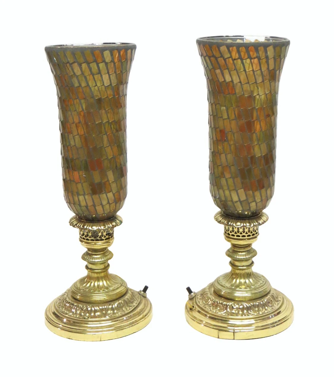 Pair Of Hurricane Lamps With Opalescent Colored Glass Shades 3 Pair Of Hurricane Lamps With Opalescent Colored Glass Shades