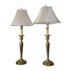 Pair Of Traditional Ribbed Patina Brass Table Lamps