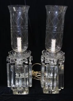 Pair Of Victorian Clear Crystal Hurricane Shade Table Lamps