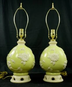 Pair Of Vintage Daisy Green & White Alacite Table Lamps