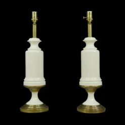 Pair Of Vintage Traditional White Porcelain & Brass Table Lamps