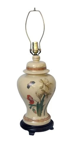 Vintage Tan Floral Ceramic Black Wood Table Lamp