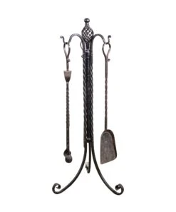 Antique Black Wrought Iron Arts & Crafts Fireplace Tool Set