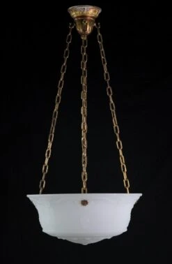 1900s Embossed Matte White Milk Glass Dish Pendant Light