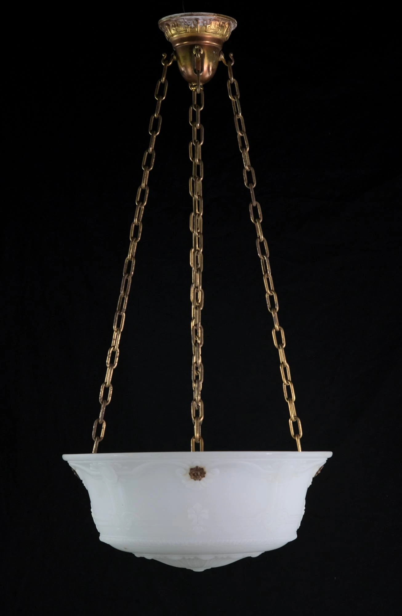 1900s Embossed Matte White Milk Glass Dish Pendant Light 3 1900s Embossed Matte White Milk Glass Dish Pendant Light