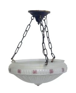 1910 Hand Painted Glass Dish Globe Up Pendant Light