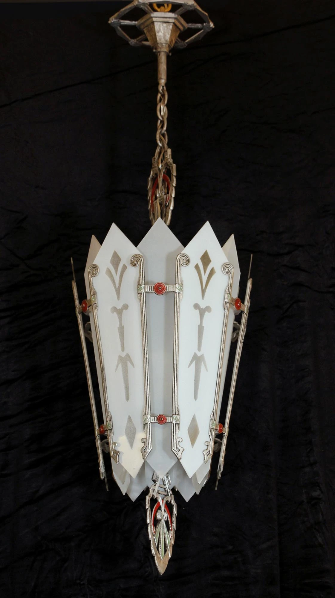 1930s Art Deco Polychrome Pendant Light With Etched Glass 3 1930s Art Deco Polychrome Pendant Light With Etched Glass