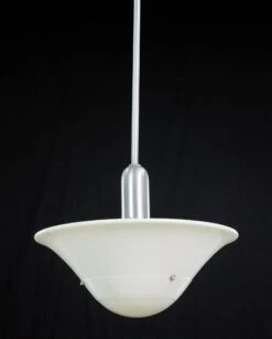 1950s Mid Century Milk Glass Dish Steel Pole Pendant Light
