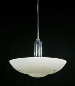 1950s Mid Century White Milk Glass Saucer Steel Pole Pendant Light