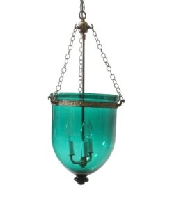 Antique 11.75 In. Blue Green Crystal Glass Bell Jar Pendant Light