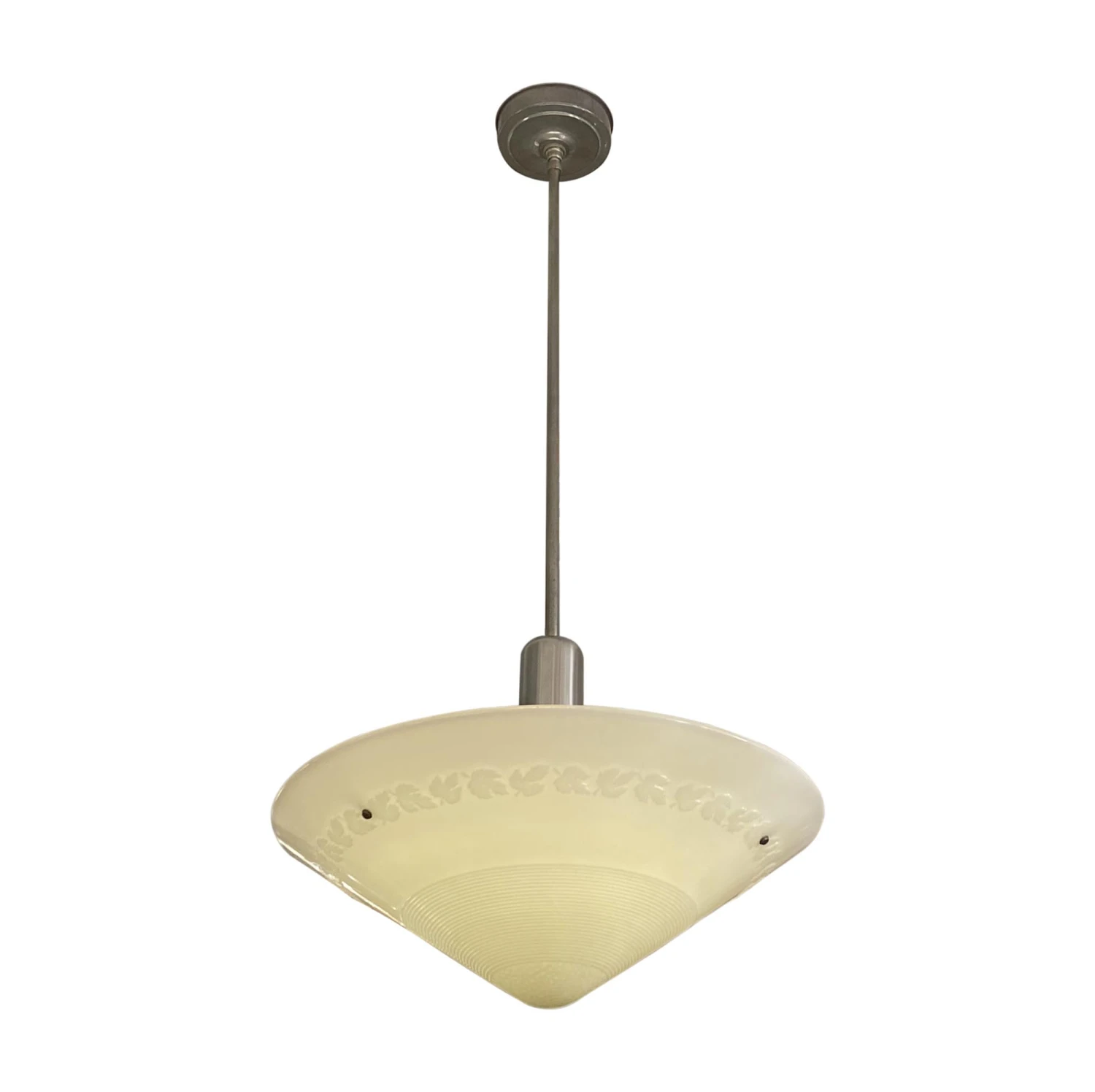 Art Deco Oak Leaf Milk Glass Dish Pendant Light 3 Art Deco Oak Leaf Milk Glass Dish Pendant Light