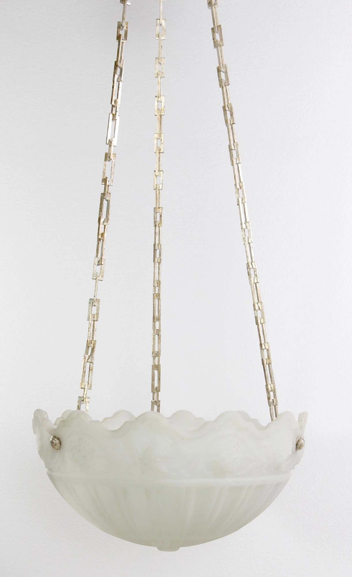 Antique 1900s Cast Glass Silver Chain Dish Pendant Light 5 Antique 1900s Cast Glass Silver Chain Dish Pendant Light - Image 3