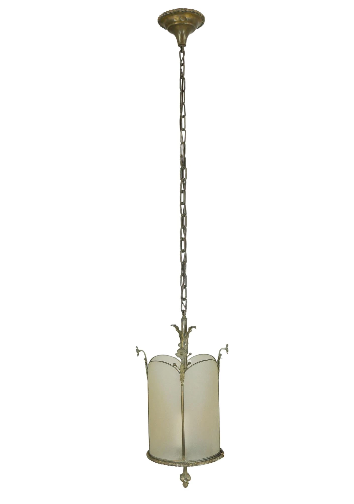 French Textured Glass Brass Frame Pendant Light 3 French Textured Glass Brass Frame Pendant Light