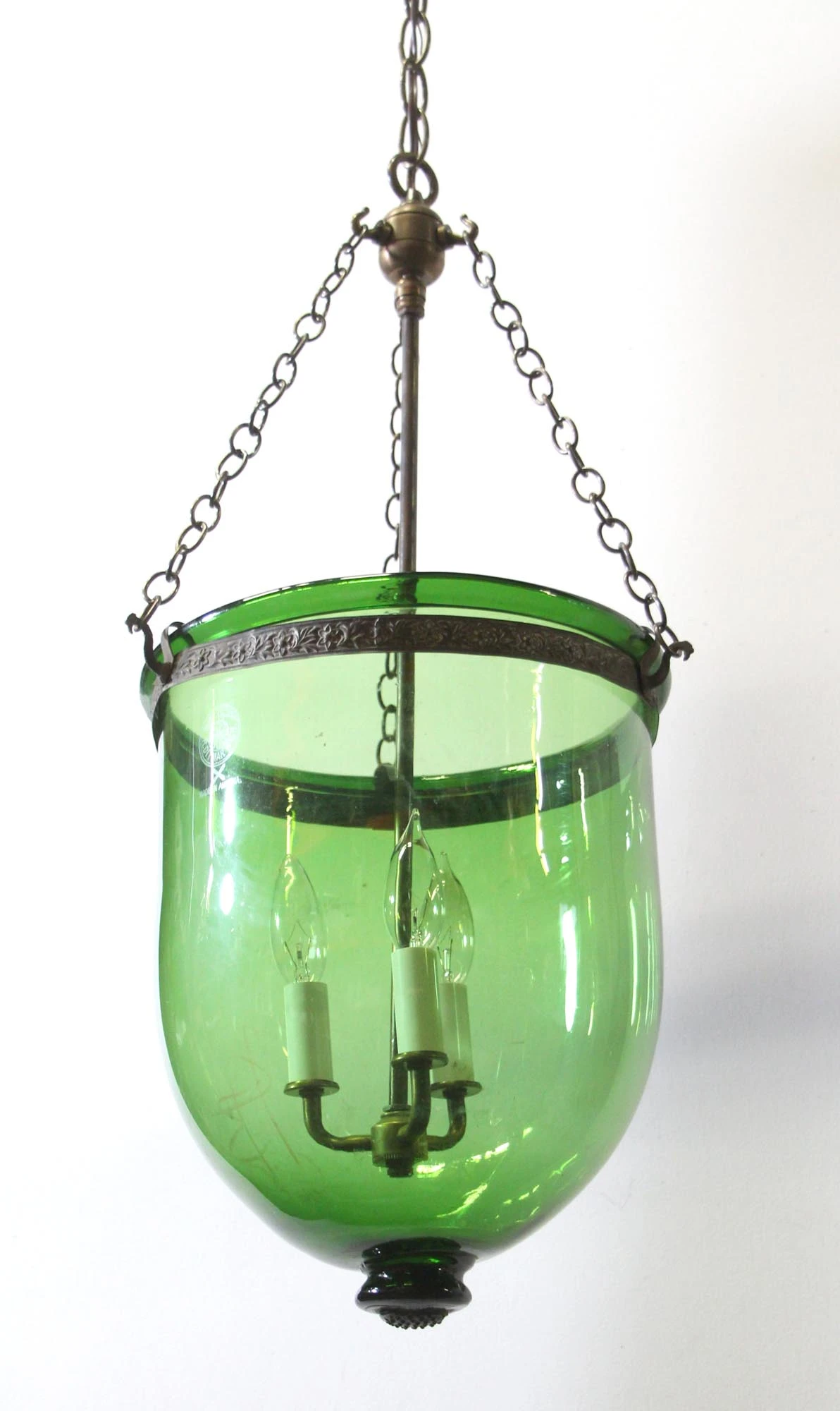 Antique R. Ditmar Wien Austrian 11.75 In. Green Crystal Glass Bell Jar Pendant Light 4 Antique R. Ditmar Wien Austrian 11.75 In. Green Crystal Glass Bell Jar Pendant Light - Image 2