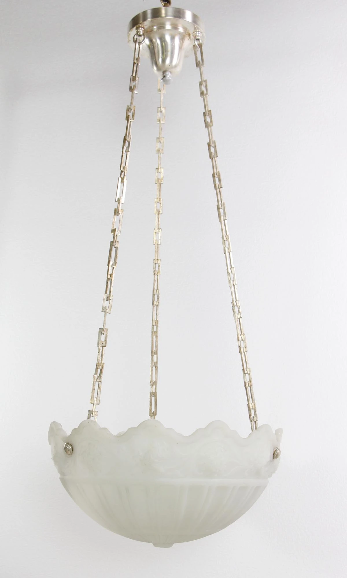 Antique 1900s Cast Glass Silver Chain Dish Pendant Light 4 Antique 1900s Cast Glass Silver Chain Dish Pendant Light - Image 2