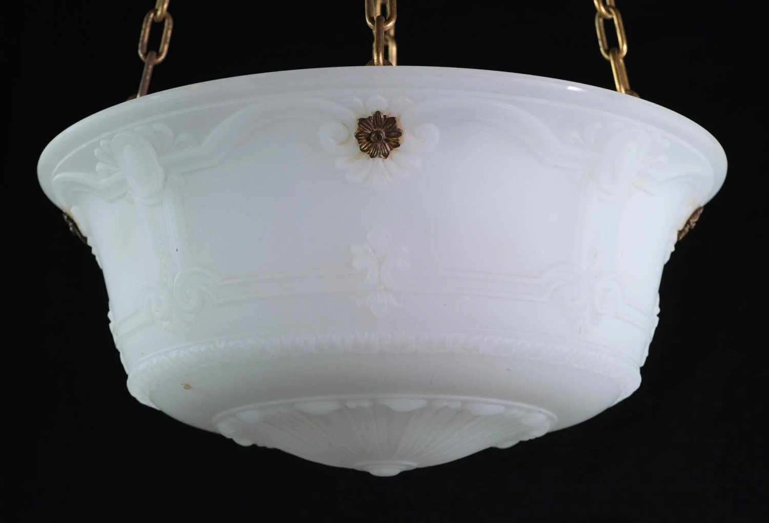 1900s Embossed Matte White Milk Glass Dish Pendant Light 4 1900s Embossed Matte White Milk Glass Dish Pendant Light - Image 2