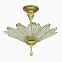 Restored Art Deco Clear Glass & Gold Brass Pendant Light